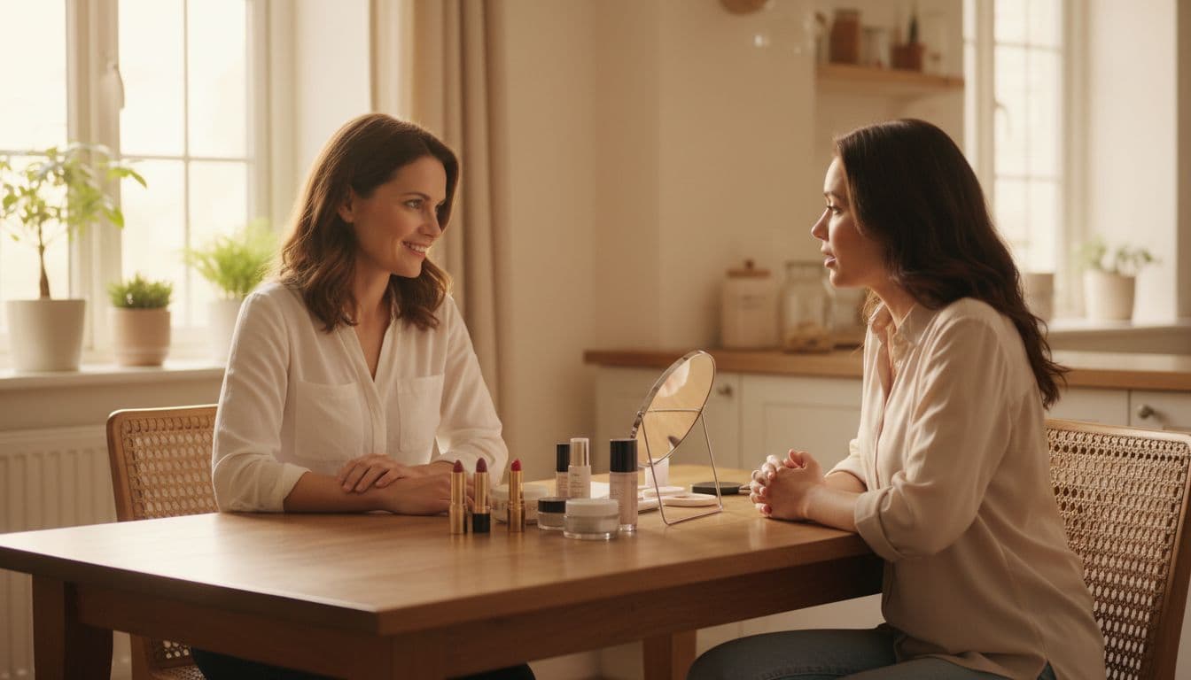 A smiling woman in her 30s sits at a kitchen table with neatly arranged lipstick and skincare products, engaging in a recruitment conversation with an interested woman across from her in a casual daytime home setting with soft natural light.