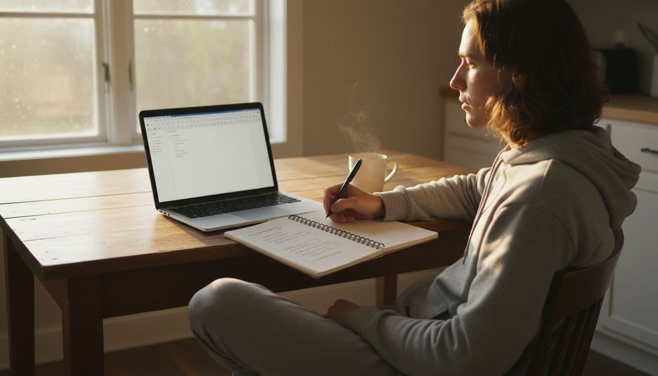 A young adult beginner sits relaxed at a kitchen table with a laptop displaying a blank document and writes a blog post outline on a notepad, bathed in soft morning light from the window.