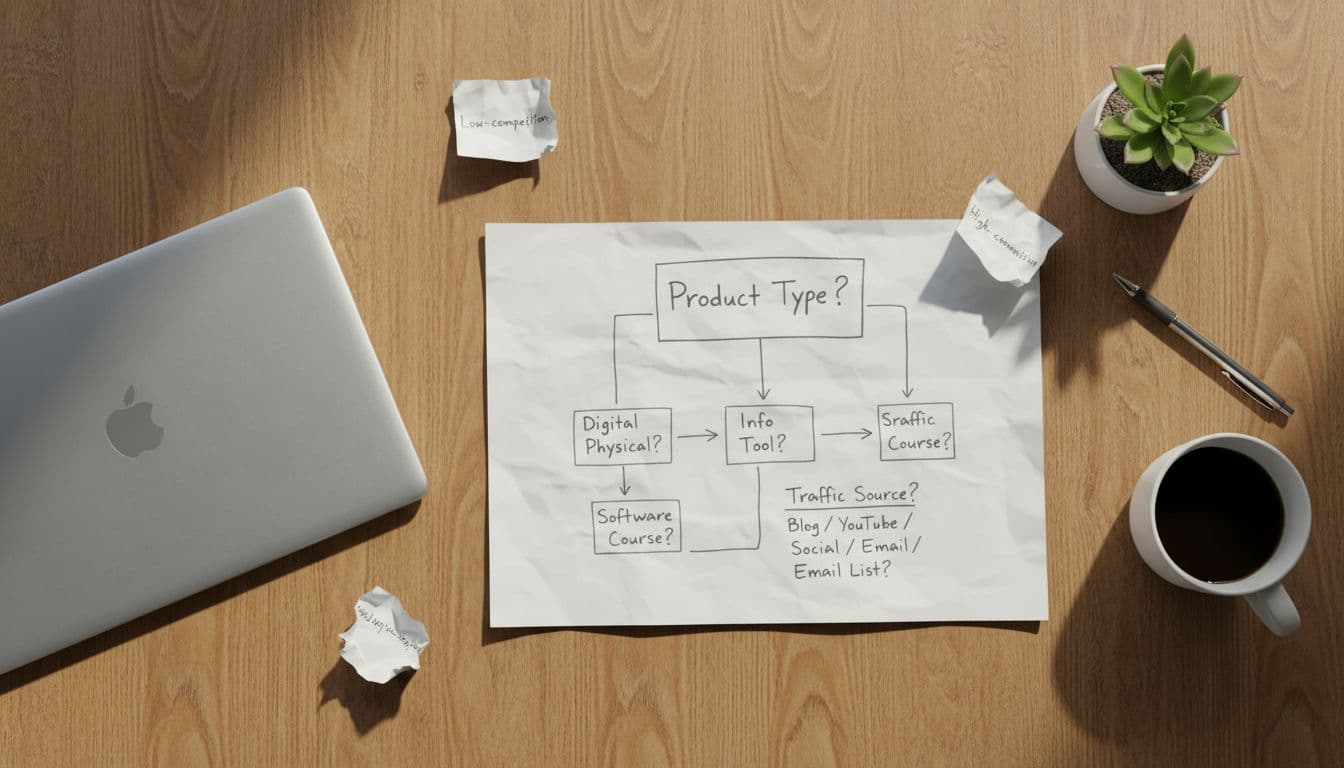 Top-down view of a decision flowchart on paper next to a closed laptop on a wooden table in a casual workspace, guiding beginners on selecting an affiliate program by product type and traffic source, clean realistic daylight style with minimal text.