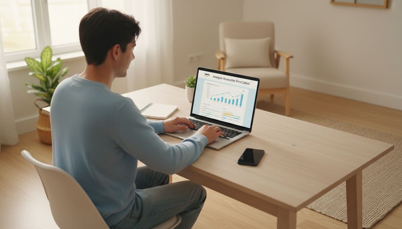 Person in bright home office views Amazon Associates affiliate dashboard on laptop with graphs showing first sales, simple setup with notebook and phone, photorealistic warm lighting, wide shot.