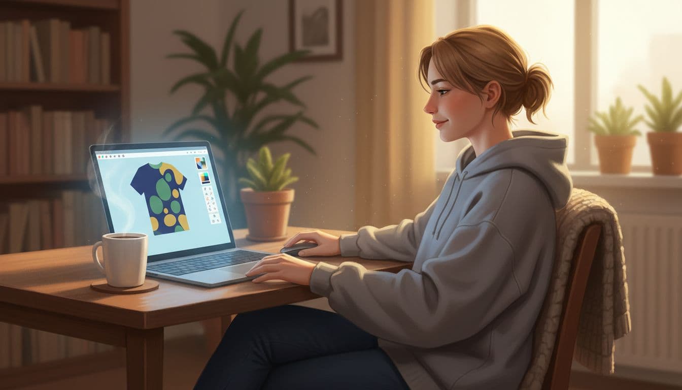 A relaxed person at a home desk designs a t-shirt graphic on a laptop screen using a simple tool, with one hand on the mouse and a coffee cup nearby, under warm indoor light in realistic illustration style.
