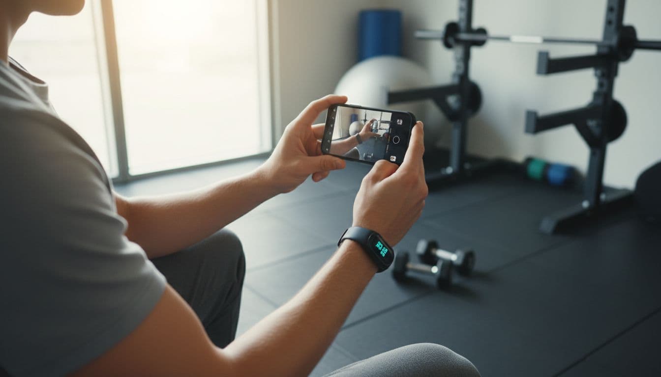 A casual person in a home gym holds a smartphone to film a short product demo of a fitness band on their wrist, captured from a dynamic side angle with bright natural light.
