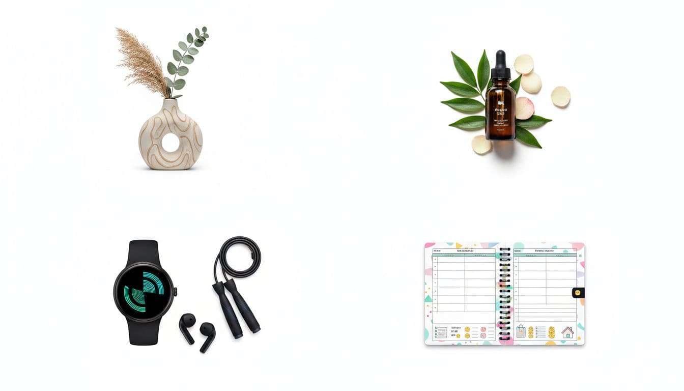 A variety of niche products arranged in a grid, including a home decor vase, beauty serum bottle, fitness tracker, and budget planner notebook, on a white background with top-down composition and bright even lighting.