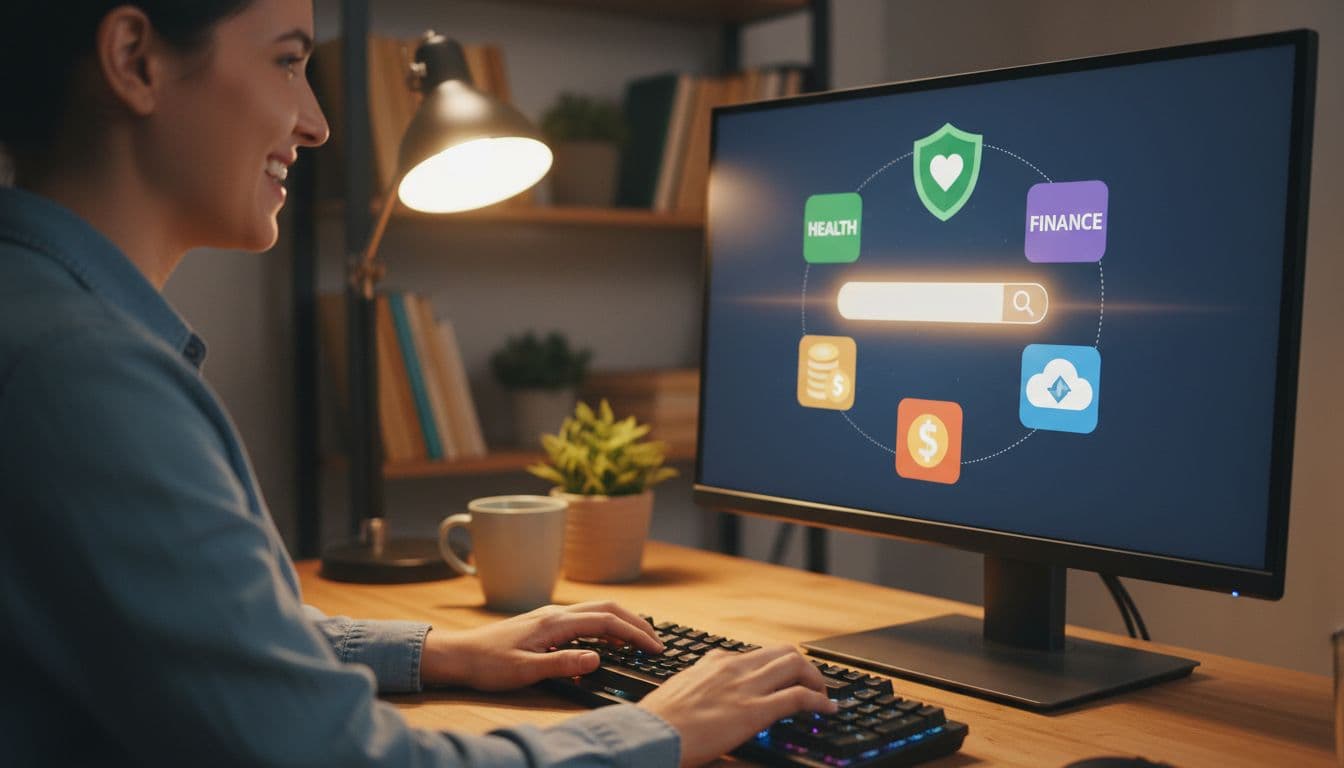 An excited beginner in a cozy home office browses affiliate marketing niches like health, finance, and SaaS, with floating icons around the computer screen under warm lighting and soft focus.