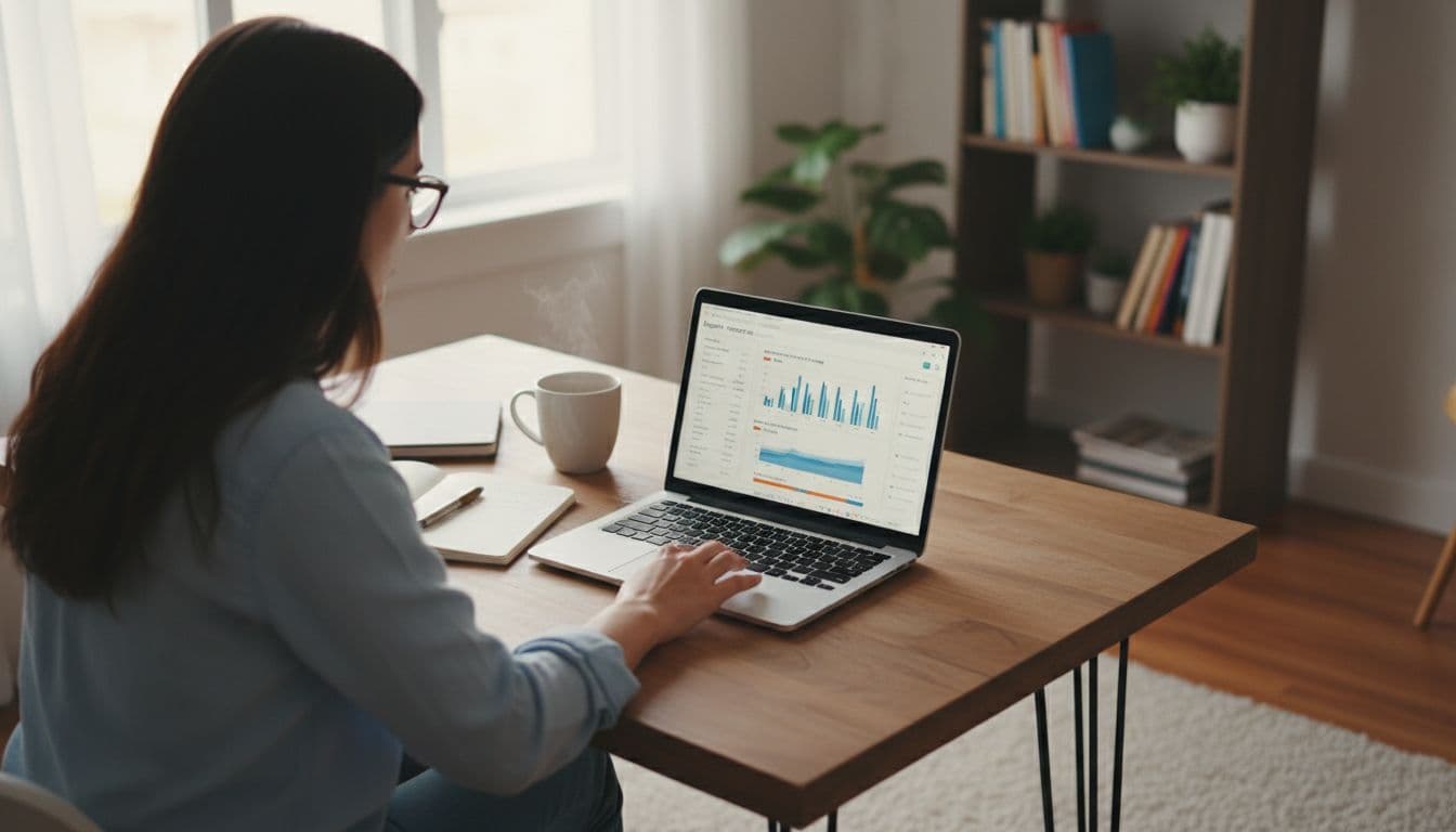 A focused blogger at a desk selects a niche using keyword research tools on a laptop screen in a cozy home office with notebook and coffee mug nearby, natural daylight lighting, realistic style, one person only.