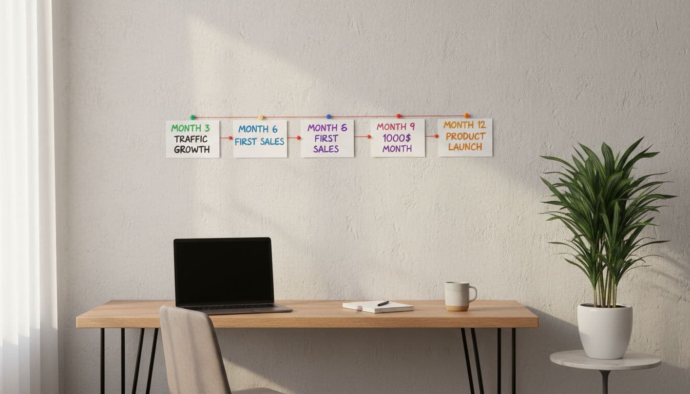 Photorealistic calendar timeline on a wall in a simple home office, marking key blog milestones like month 3 traffic growth and month 6 first sales, with a desk and plant in soft lighting and clean composition, no people or extra text.