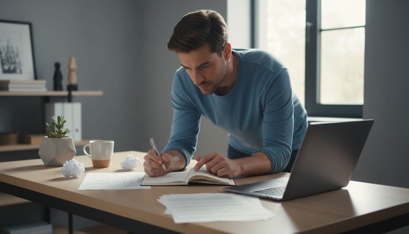 A focused person sits at a desk in a simple home office, brainstorming niche ideas for affiliate marketing with a notebook and laptop under natural daylight. Clean modern style with exactly one person, no text or logos.