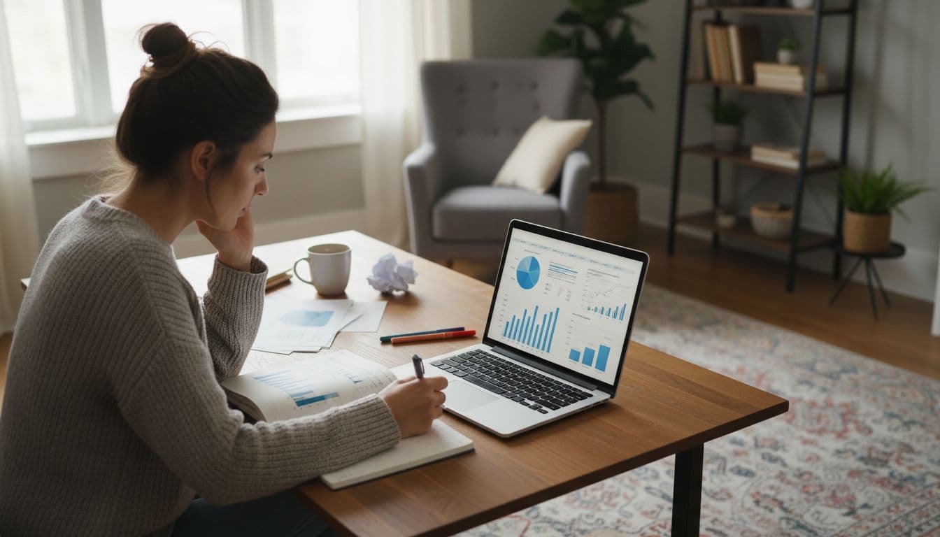 A person sits at a desk with a notebook and laptop, brainstorming niche ideas by writing notes and checking charts on the screen in a cozy home office setting with natural daylight lighting.