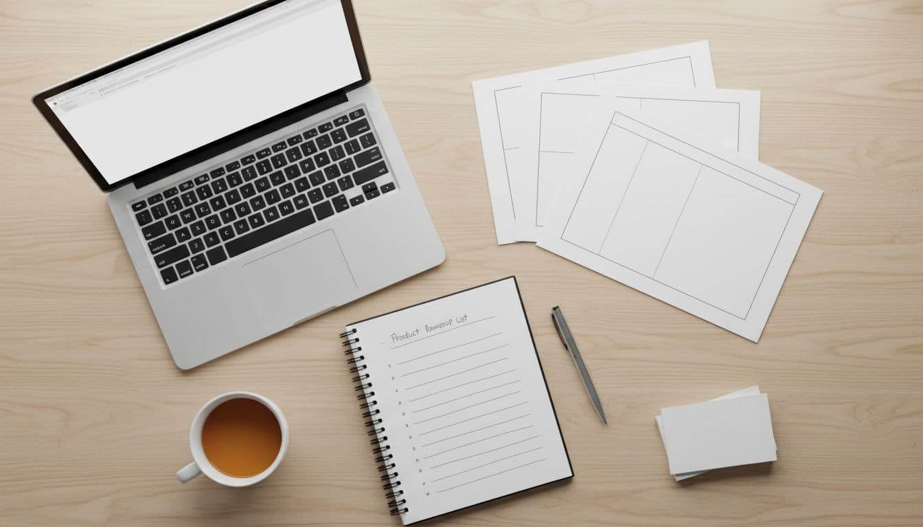 Top-down view of a minimalist workspace with a laptop showing a blank document, notepad sketched with product roundup bullets, printed beginner guide outlines, stack of affiliate program cards, pen, and coffee mug under soft lighting.