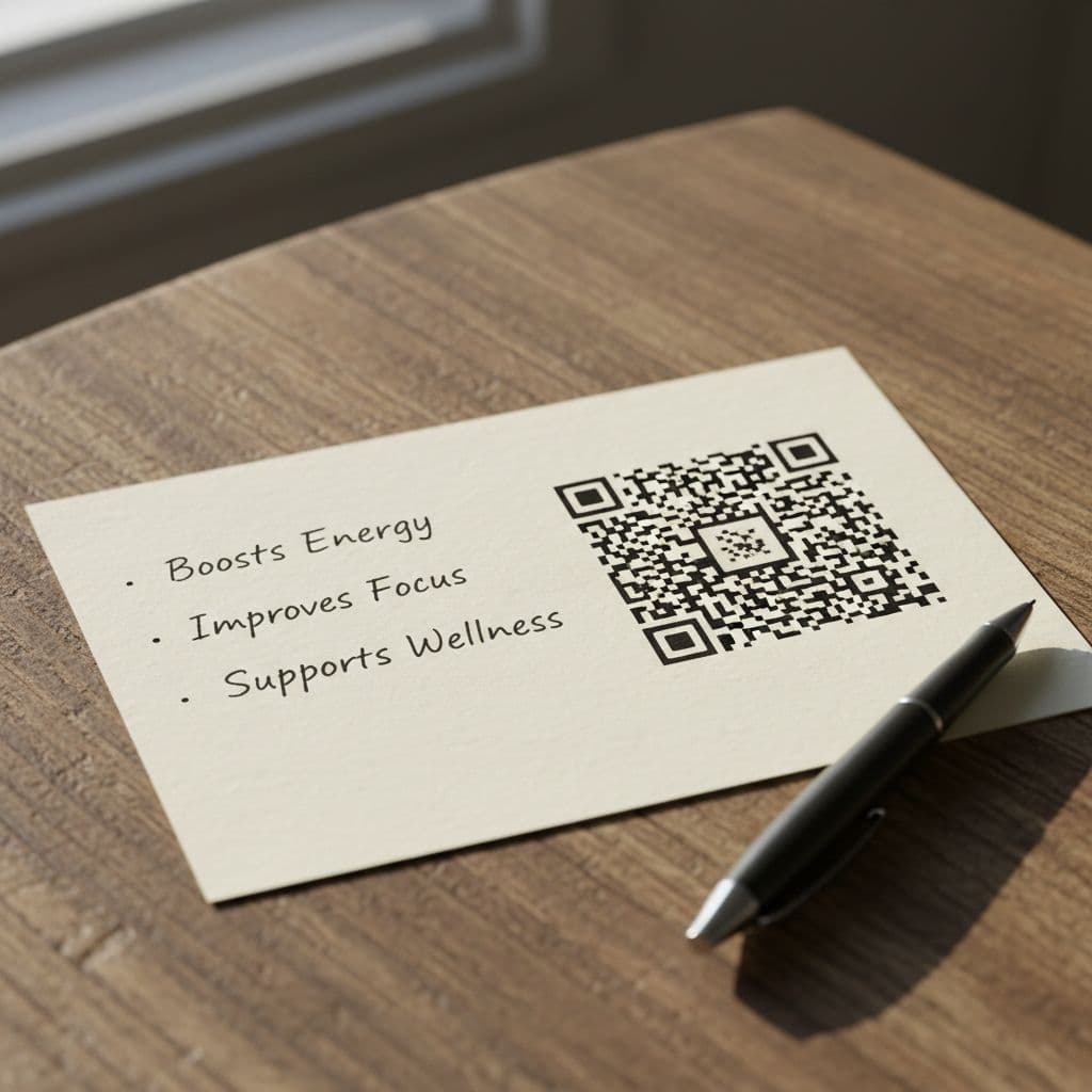 Close-up of a handwritten note on paper listing product benefits in bullet points next to an affiliate link QR code, on a wooden table with a pen under natural light. Realistic style with focused composition, no people, minimal readable text, no logos.