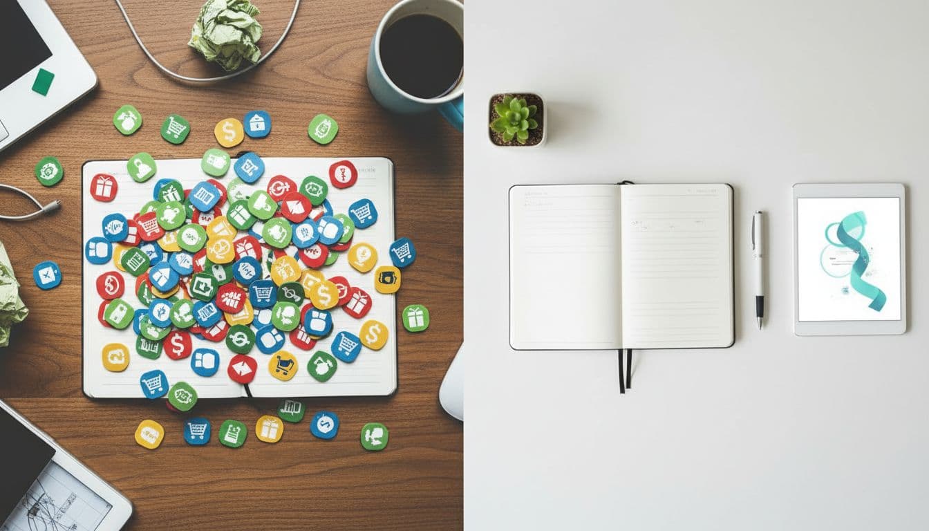 Top-down realistic photo of a cluttered desk scattered with affiliate link icons around a notebook, contrasted with a clean organized desk beside it, soft lighting, no people or text.