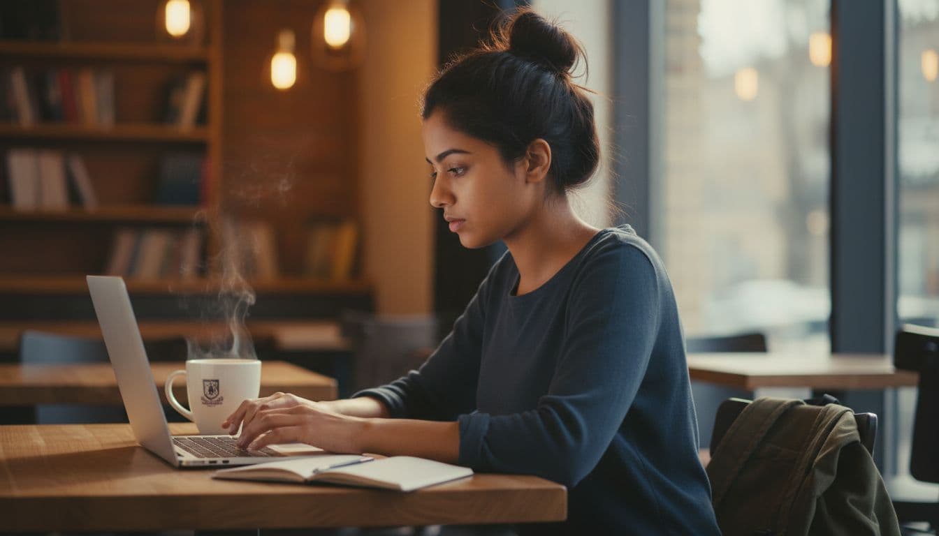 Young college student intently typing on a laptop at a campus cafe table, with a coffee mug and backpack nearby, under warm ambient lighting. Realistic photo showing exactly one person with relaxed hands on the keyboard and blurred screen.