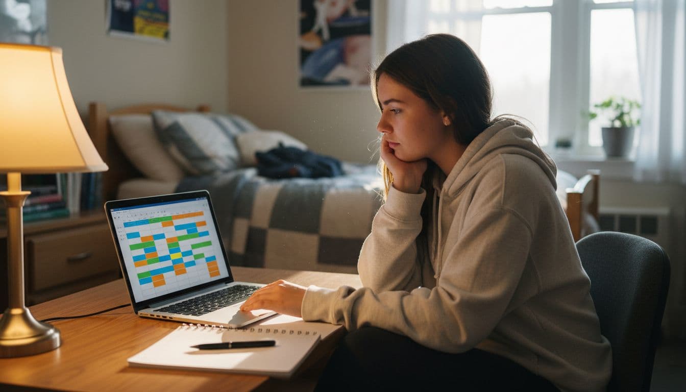 A 20-year-old college student at a wooden desk in a dorm room views a colorful weekly calendar on an open laptop screen, with notebook and pen nearby, under cozy lamp light and window daylight.