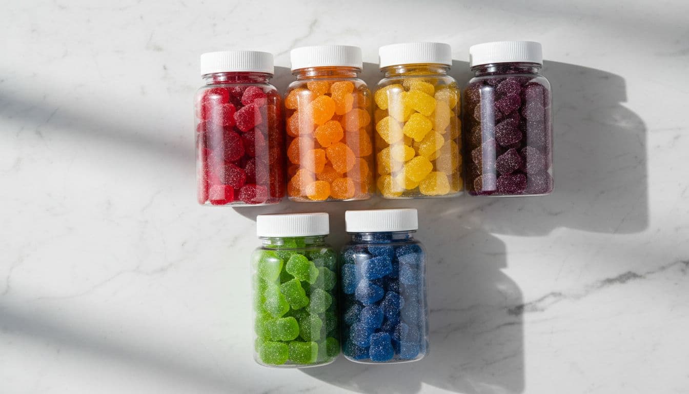 Colorful bottles of gummy supplements arranged neatly on a clean white marble table, with various flavors implied by vibrant colors, captured in photorealistic product photography style under soft natural light.