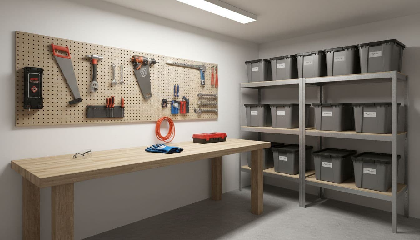 Compact garage workshop for everyday homeowners featuring an organized pegboard wall with hanging tools like drill, hammer, and saw, modular shelves with storage bins, workbench with safety glasses and gloves, clean practical setup under bright overhead lighting.