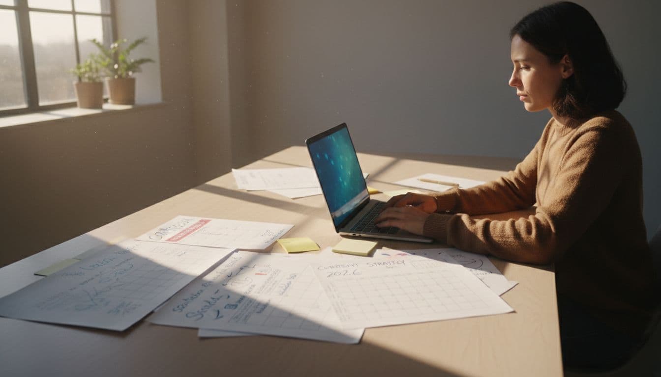 A focused individual creates content on a laptop in a contemporary workspace, surrounded by strategy notes and a content calendar, bathed in soft natural daylight from a window.