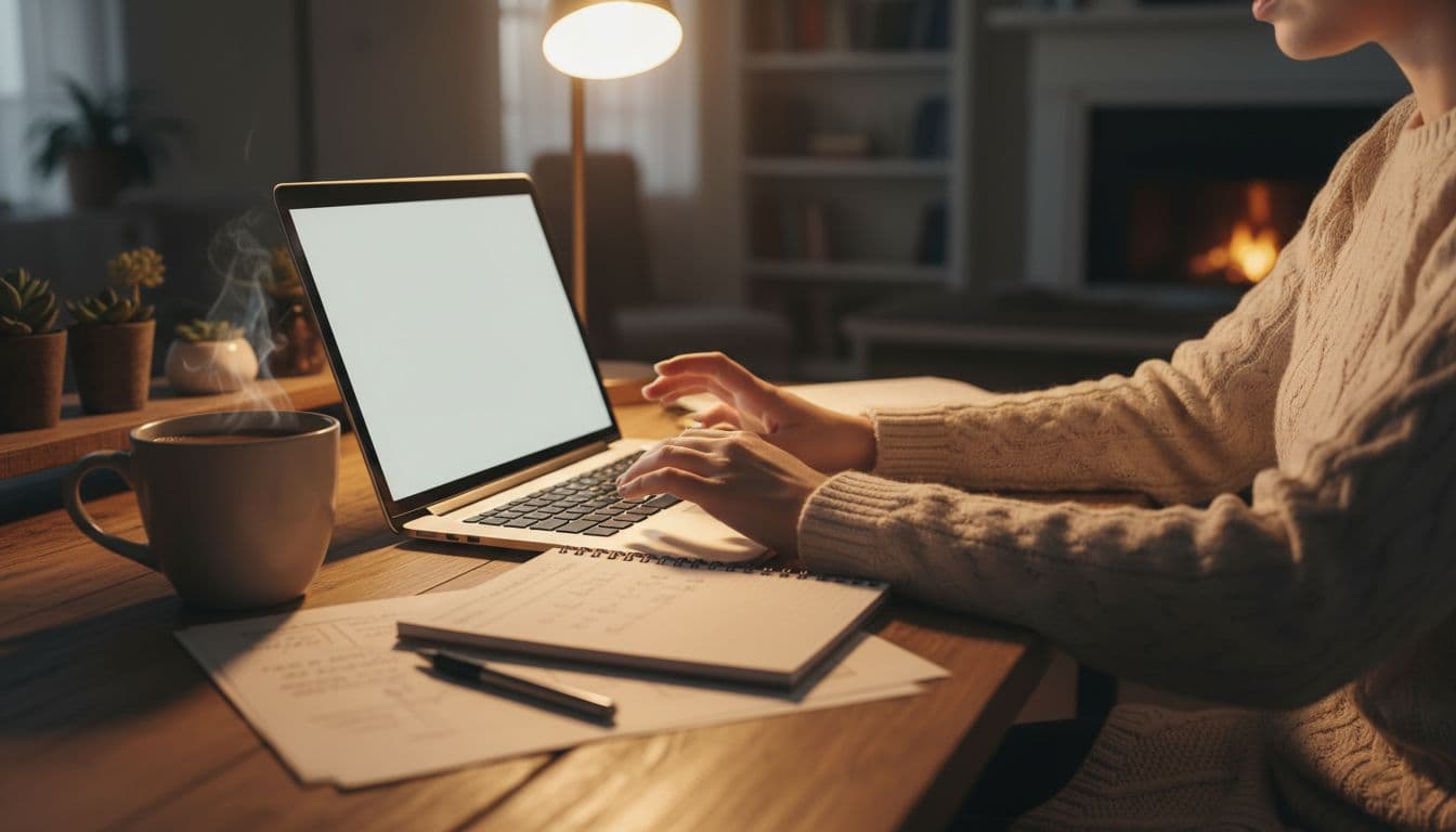 A focused person types on a laptop at a cozy desk setup with coffee mug and notes, creating product review content for an affiliate site under warm indoor lighting.