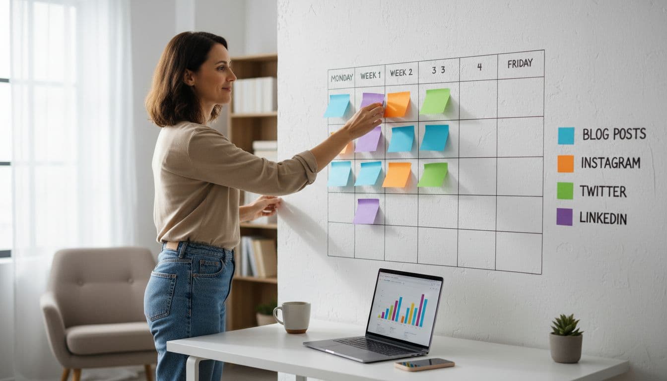 A content marketer arranges sticky notes on a wall to form a content calendar for social media and SEO in a modern workspace with phone and laptop.