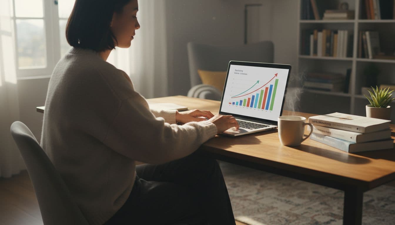 Person in relaxed pose at cozy home office desk using laptop for AI SaaS affiliate marketing, screen shows abstract recurring commission graphs, digital marketing books, plant, coffee cup, warm afternoon light.