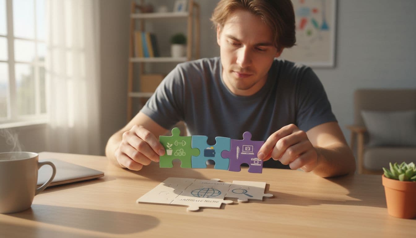 A young adult thoughtfully arranges three puzzle pieces on a cozy home office desk: one for interests with plant and dumbbell, one for budget with wallet and coins, one for content style with pen laptop and camera, fitting into a larger affiliate niche puzzle. Realistic photo with warm natural light and clean focus on the desk.