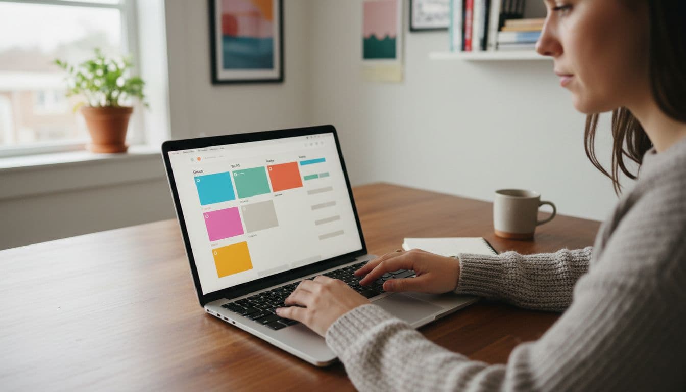 A single person in a cozy home office sits at a wooden desk using a laptop to design a digital printable planner, with natural window light and focus on the screen and relaxed hands on the keyboard in realistic photo style.
