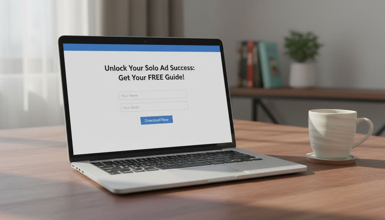 Photorealistic view of a cozy home office desk featuring a laptop screen displaying a basic email opt-in form with free guide headline and name/email fields, accompanied by a coffee mug, under soft daylight lighting.