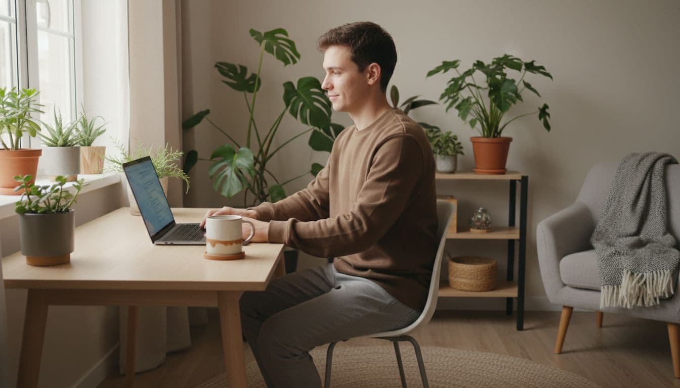 A single person works relaxed on a laptop at a wooden desk in a cozy home office, with a coffee mug nearby, plants in the background, and natural window light illuminating the modern simple space in warm tones.