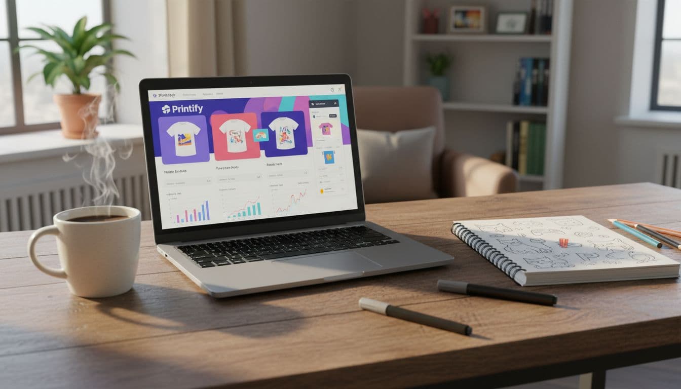 Cozy home office desk setup with laptop open to print on demand dashboard, mug of coffee nearby, notebook with niche sketches like pets and gaming, natural daylight lighting, realistic photo style, exactly one laptop one mug one notebook, no people, no text, no watermarks.