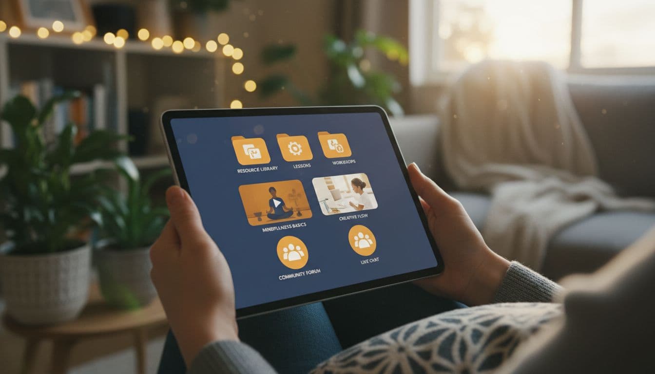 Cozy digital membership dashboard on a tablet screen held in relaxed hands, displaying resource folders, lesson videos, and community icons in a warm home setting with plants and soft evening light, realistic style.