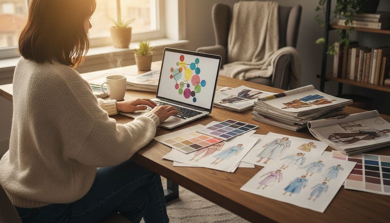 A person in a cozy workspace creates Pinterest pins on a laptop, surrounded by fashion magazines, color swatches, and outfit sketches under warm lighting.
