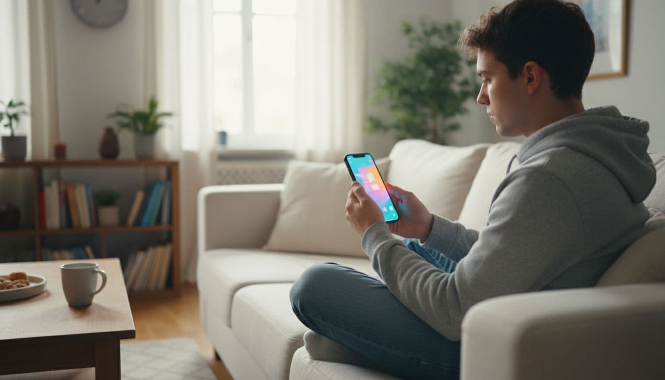 A person seated on a couch in a casual home setting edits a short video using a phone app for affiliate content, with a vibrant screen glow and hands resting naturally on the phone.