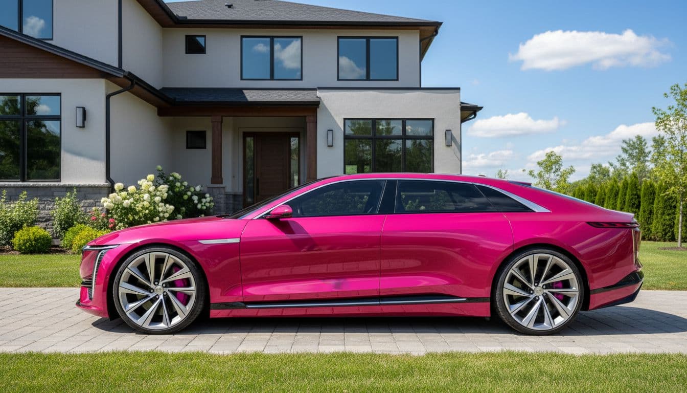 Shiny pink electric Cadillac car, modern 2025 model with sleek design, parked in suburban driveway under clear daytime weather. Photorealistic image of the iconic Mary Kay top earner reward, vibrant pink color, high detail on wheels and body, no people or logos.