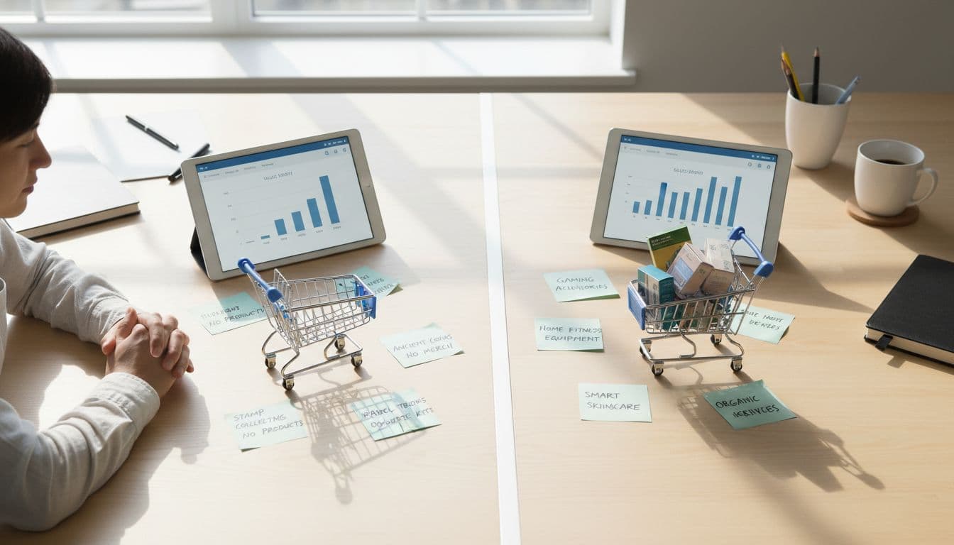 Person examining empty shopping cart beside affiliate dashboard with no sales, surrounded by non-buying niche ideas, contrasted with full cart of buyer products. Realistic top-view office desk in bright daylight.