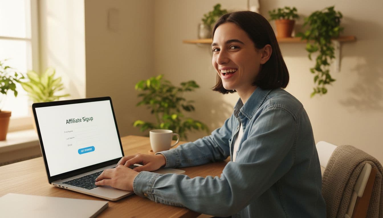 Young excited beginner at a home desk with laptop showing simple affiliate signup form in a cozy room with plants and coffee mug, front view focused on screen and happy expression.