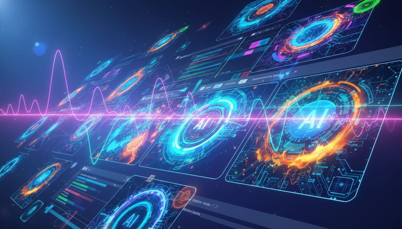 Abstract vibrant scene of animated faceless YouTube video thumbnails and AI-generated voiceover waveforms, with video editing software interface in the background. Futuristic digital art style featuring soft neon lighting and dynamic composition, no people or text.