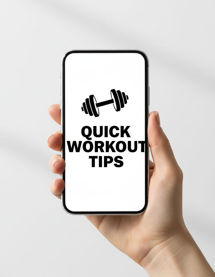 Tall vertical pin mockup on a phone screen held in hand, displaying dumbbells with bold overlay text for quick workout tips, clean white background, high contrast modern flat style.