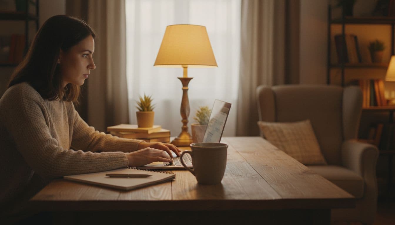 A focused writer at a wooden desk types persuasive copy on a laptop in a cozy home office, with notebook and coffee mug nearby under warm lamp lighting.