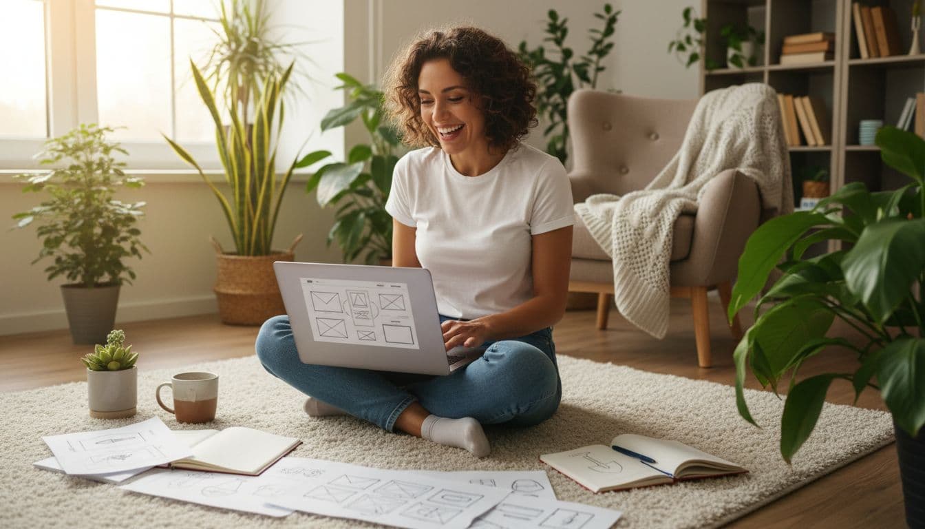 A solo freelancer with an excited expression builds a simple landing page on a laptop in a cozy home workspace surrounded by notes, sketches, plants, and soft morning light.