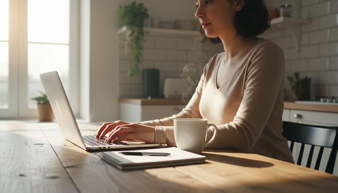 Young adult working on laptop at sunny kitchen table in home, typing freelance content, coffee mug and notepad nearby. Relaxed posture with hands naturally on keyboard, photorealistic in bright morning light.