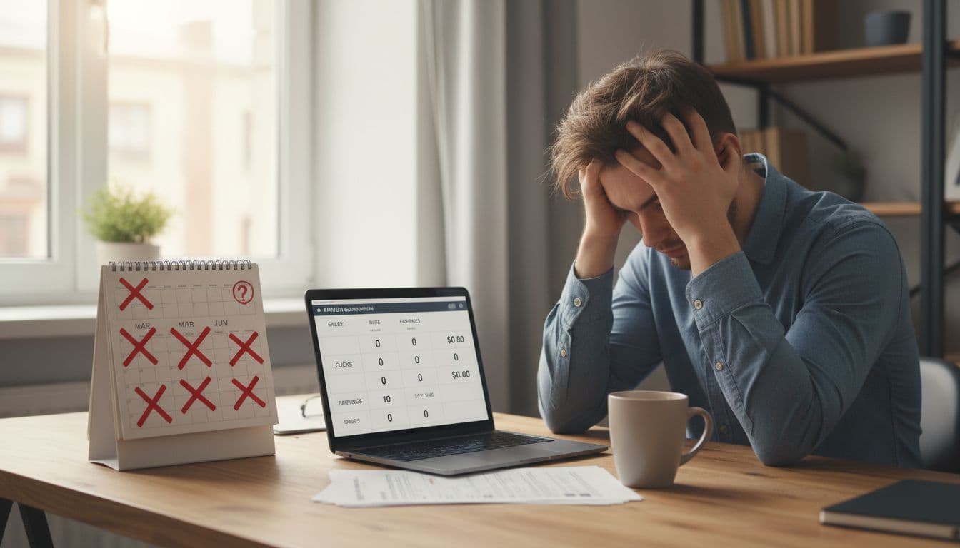 A frustrated young marketer at a desk with a calendar showing months passing, empty commission dashboard on laptop screen, coffee mug nearby, natural indoor lighting, realistic style.