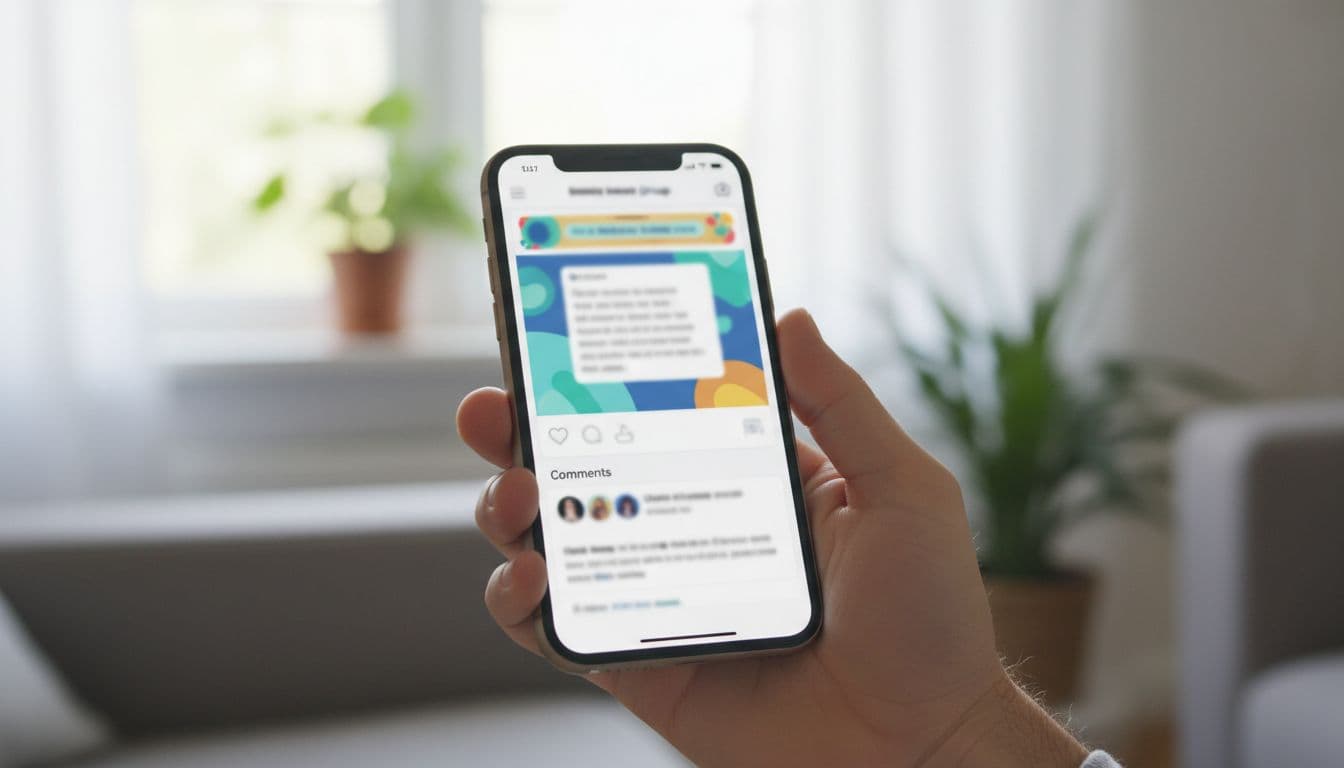 Photorealistic image of a hand naturally holding a mobile phone screen displaying a Facebook group post with a helpful tip and comments below, in a casual living room with bright natural light, screen slightly angled, no readable text or logos.