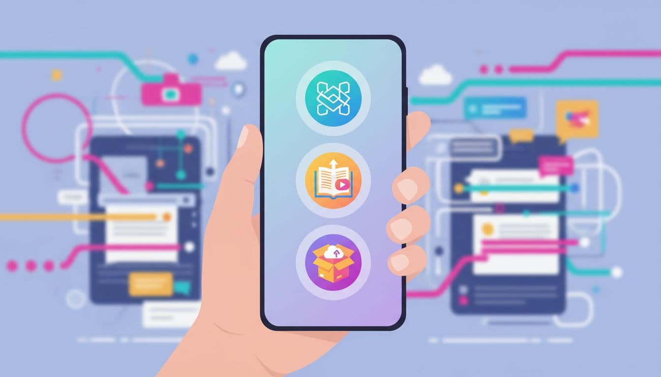 Modern flat design illustration of a hand holding a sleek phone screen displaying icons for digital products like software apps, online courses, and subscription boxes. Vibrant mobile shopping scene with no text or additional people visible.