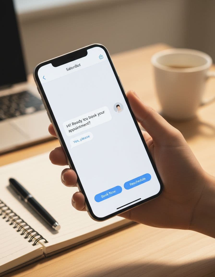 Smartphone held in one hand at an angle displays a simple chatbot conversation for salon appointment booking on a clean modern interface, with a home desk background featuring a notebook, soft lighting, and portrait composition focusing on the phone.