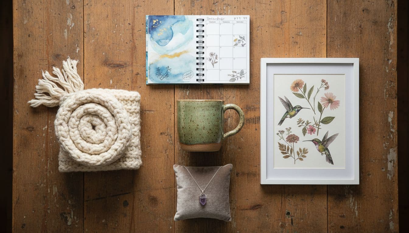 Top-down flat lay composition of five diverse handmade Etsy products—a ceramic mug, wall art print, crochet item, jewelry necklace, and planner notebook—neatly arranged on a rustic wooden table under soft natural lighting.