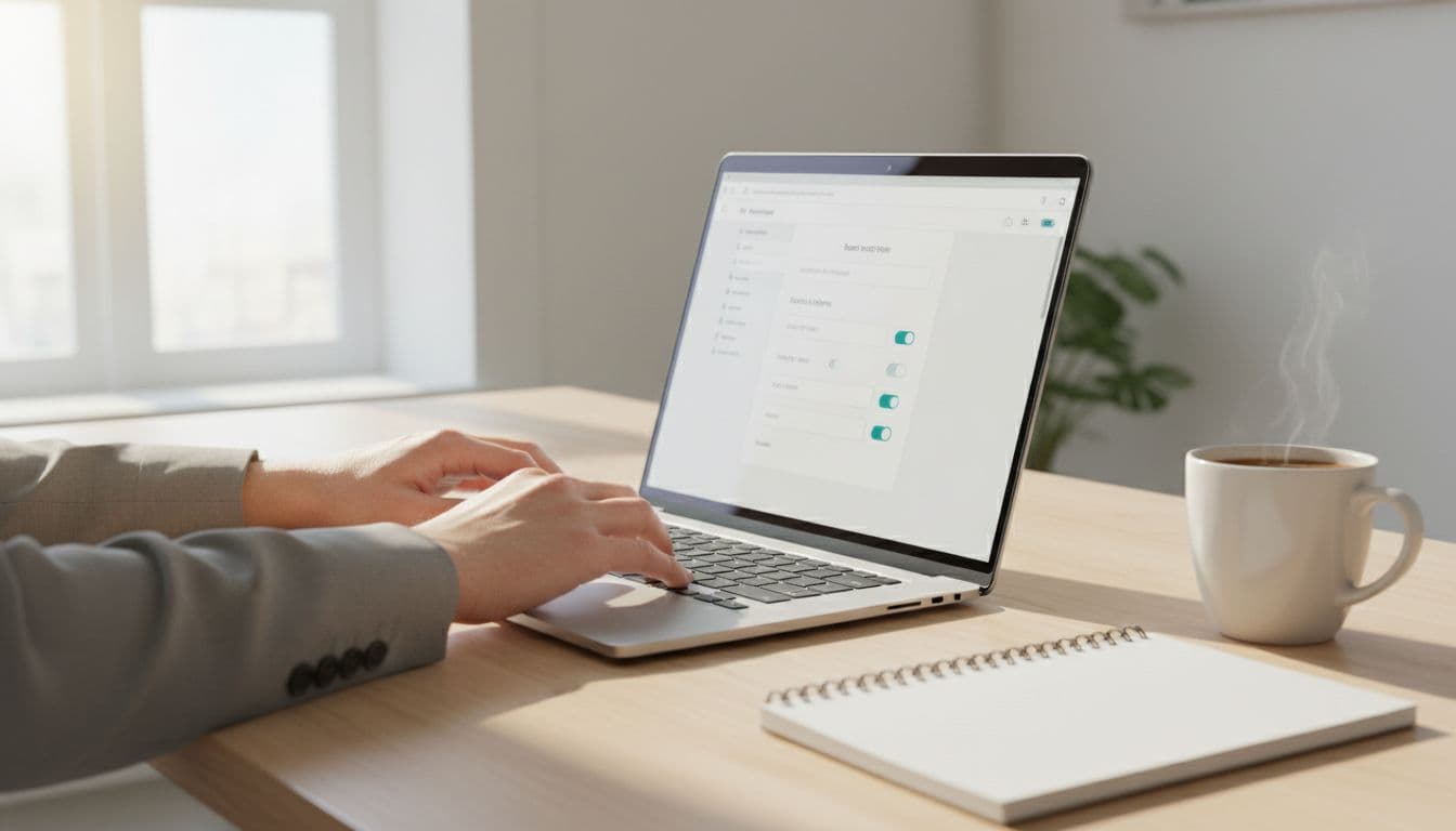 Close-up of hands on a laptop keyboard during Pinterest business account setup, in a clean modern home office with notebook and coffee mug, bright natural light.