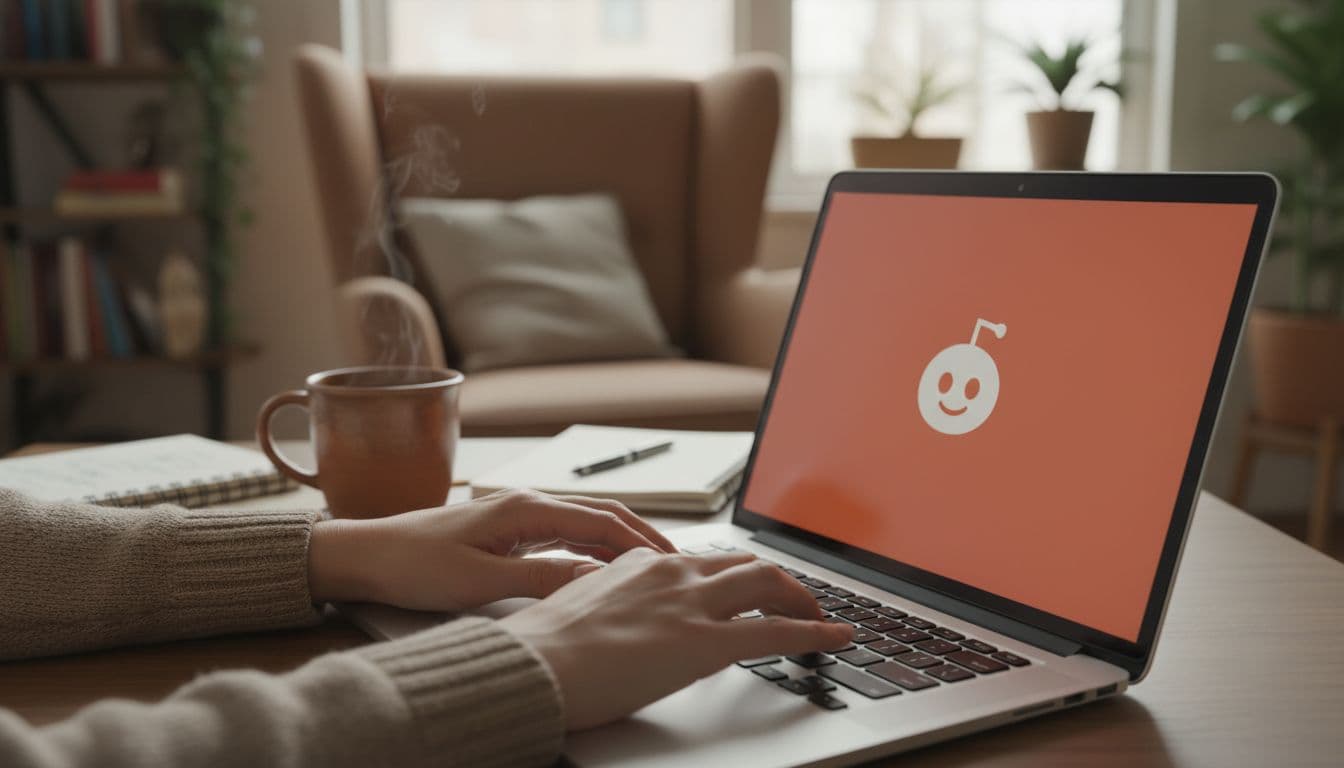 Close-up of hands typing on a laptop keyboard with Reddit app open (screen angled away, no text visible) in a cozy home office, coffee mug and notebook nearby, soft natural daylight, realistic photo.