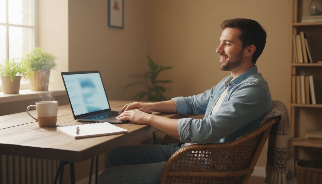 A single young adult works happily on a laptop at a cozy home desk during daytime, with a coffee cup and notebook nearby, in a relaxed posture under natural window light.