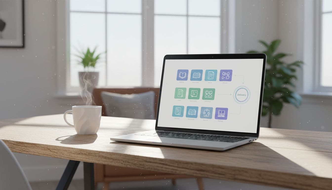 Laptop on a wooden desk in a bright home office with screen angled away displaying abstract icons of ebooks and templates organized for sale, coffee mug nearby, natural window light, realistic photography.