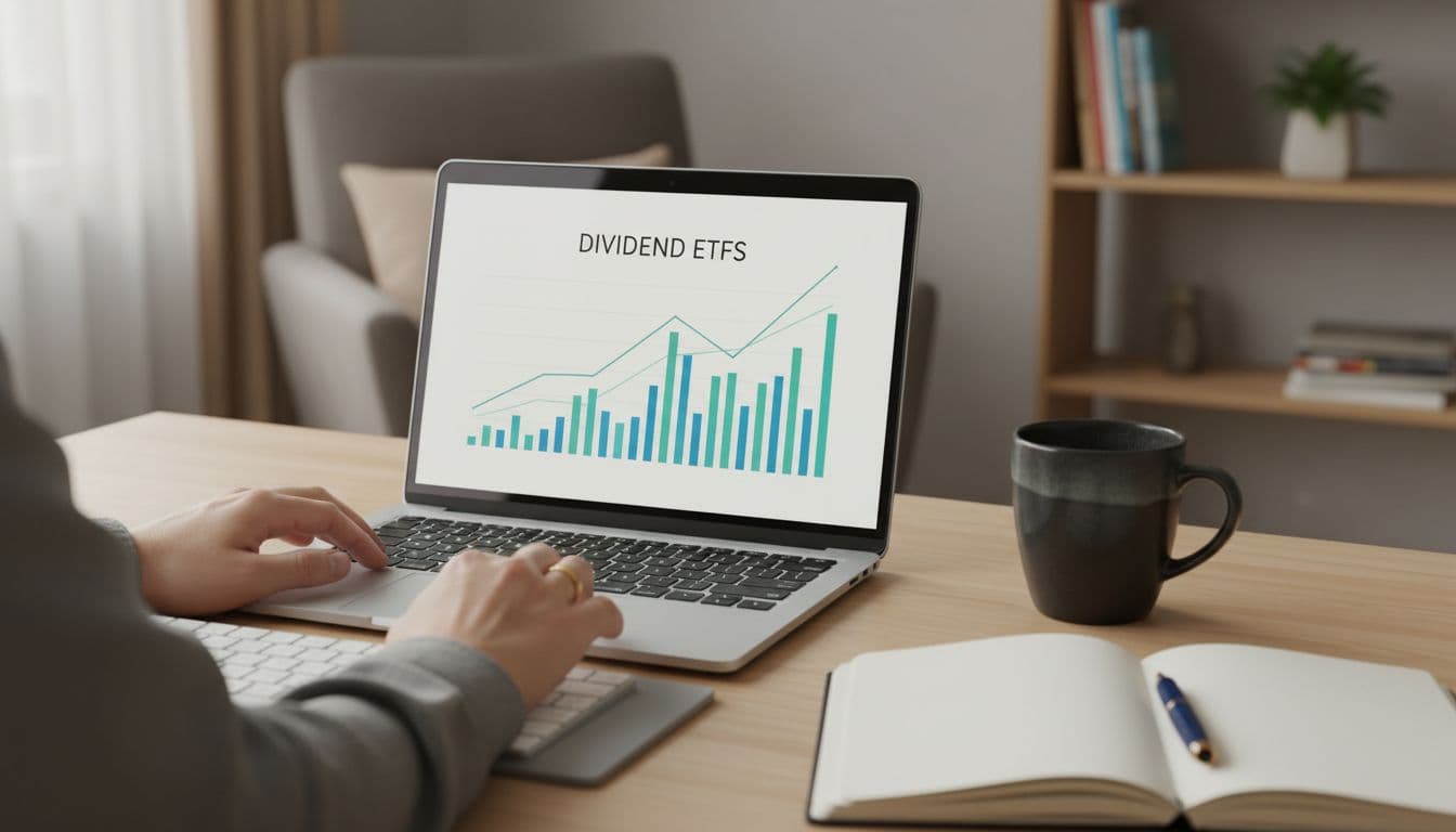 Simple home workspace with laptop displaying a stock chart for dividend ETFs, coffee cup, notebook, soft lighting, and only hands visible resting on the desk.