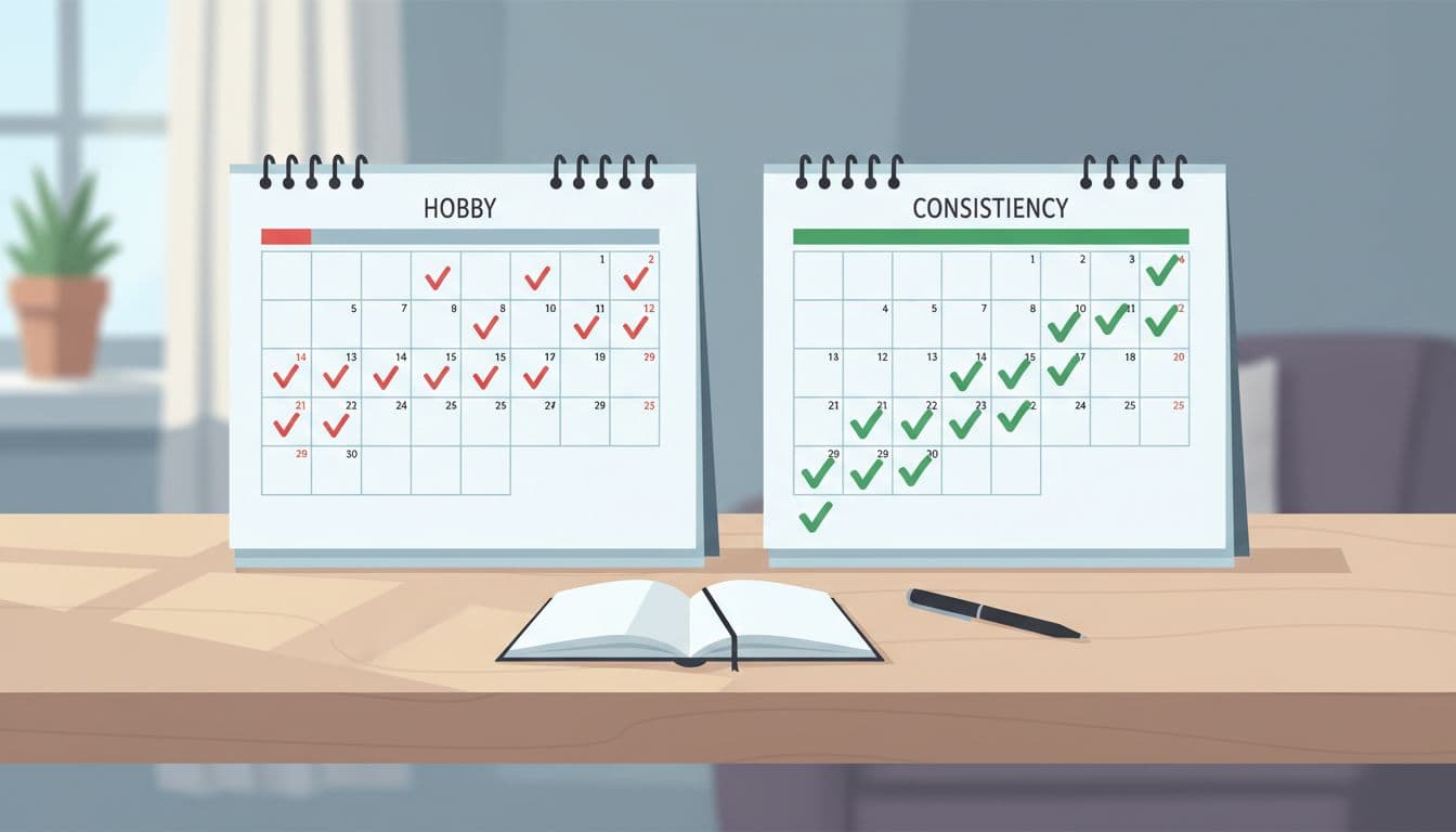 Two calendars side by side on a wooden desk: left with sporadic red checkmarks trailing off, right with consistent green daily checkmarks building a streak. Simple notebook and pen nearby, soft natural window light, clean flat vector illustration style.